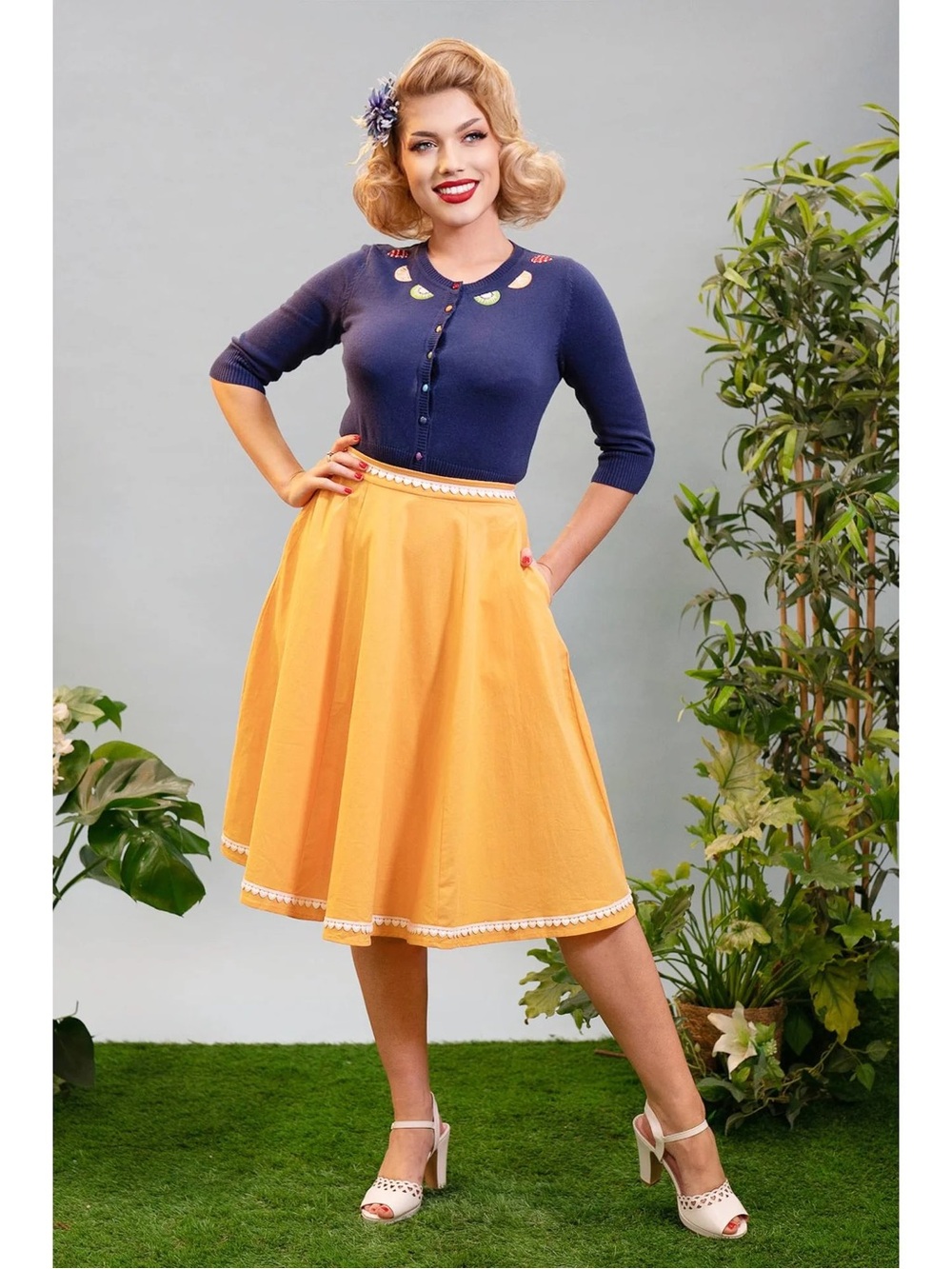 Collectif Matilde Yellow Circle Skirt with White Trim